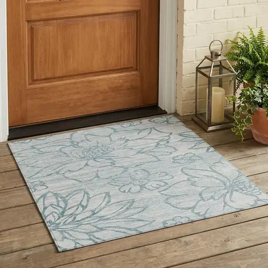 Silver And Gray Floral Washable Indoor Outdoor Area Rug Photo 1
