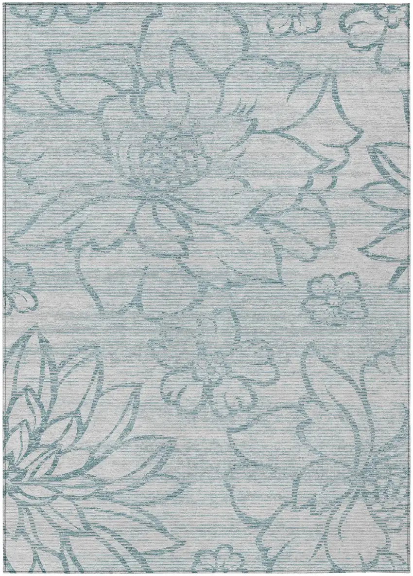 Silver And Gray Floral Washable Indoor Outdoor Area Rug Photo 2