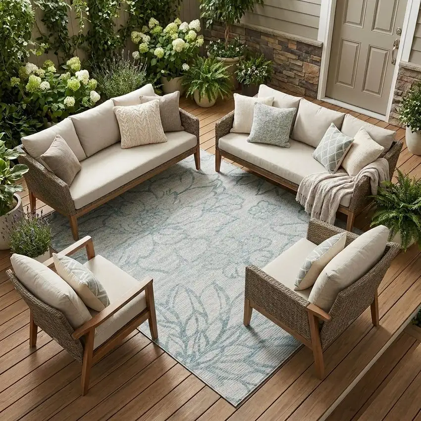 Silver And Gray Floral Washable Indoor Outdoor Area Rug Photo 1