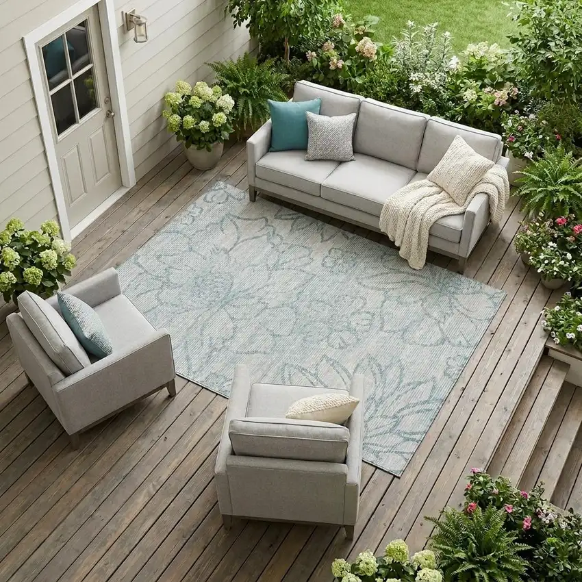 Silver And Gray Floral Washable Indoor Outdoor Area Rug Photo 1