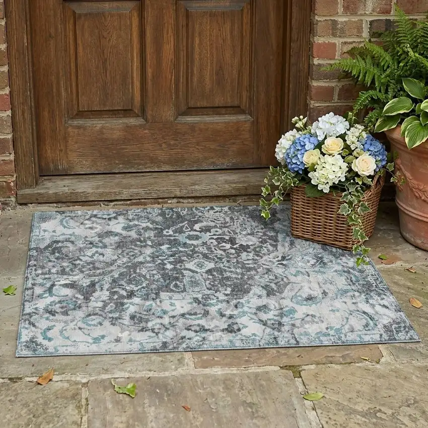 Silver And Gray Floral Washable Indoor Outdoor Area Rug Photo 1