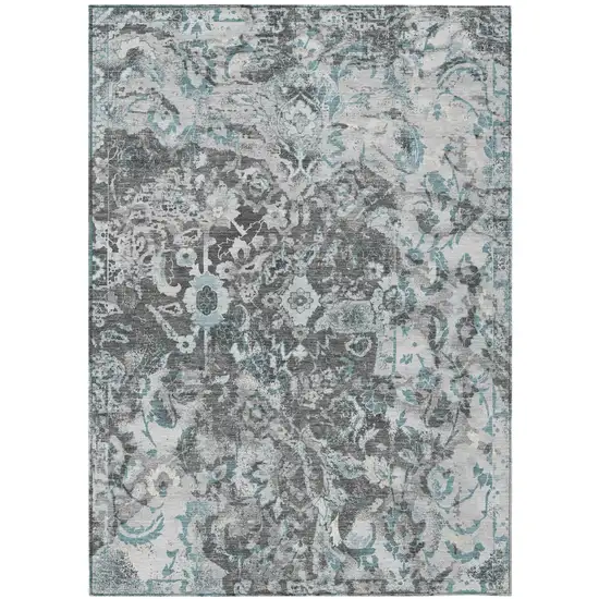Silver And Gray Floral Washable Indoor Outdoor Area Rug Photo 2