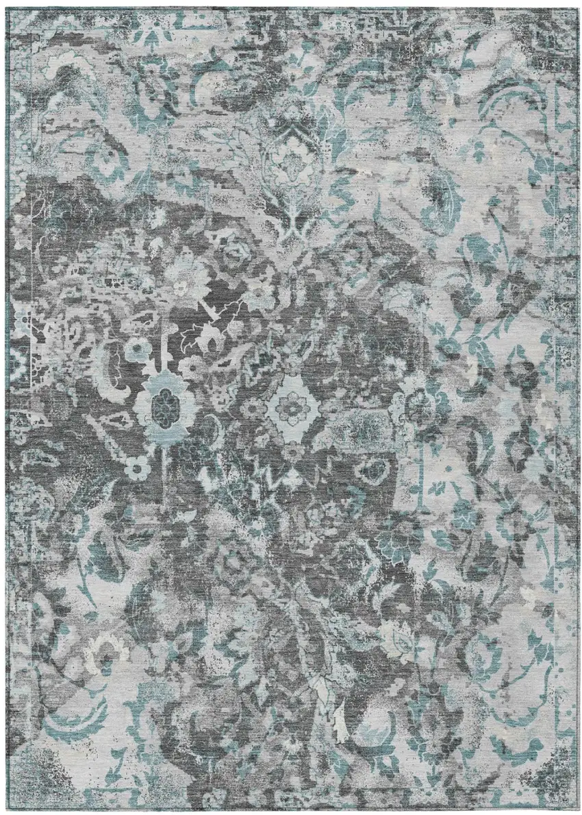 Silver And Gray Floral Washable Indoor Outdoor Area Rug Photo 2