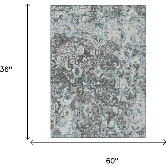 Silver And Gray Floral Washable Indoor Outdoor Area Rug Photo 5