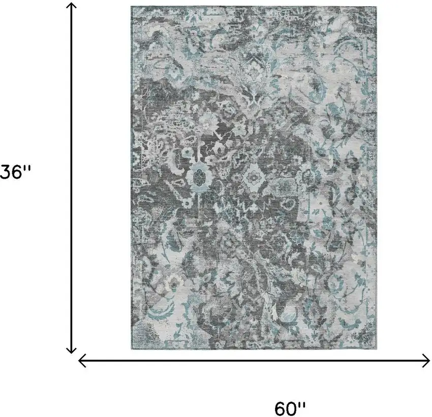 Silver And Gray Floral Washable Indoor Outdoor Area Rug Photo 5