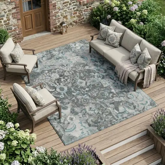 Silver And Gray Floral Washable Indoor Outdoor Area Rug Photo 1