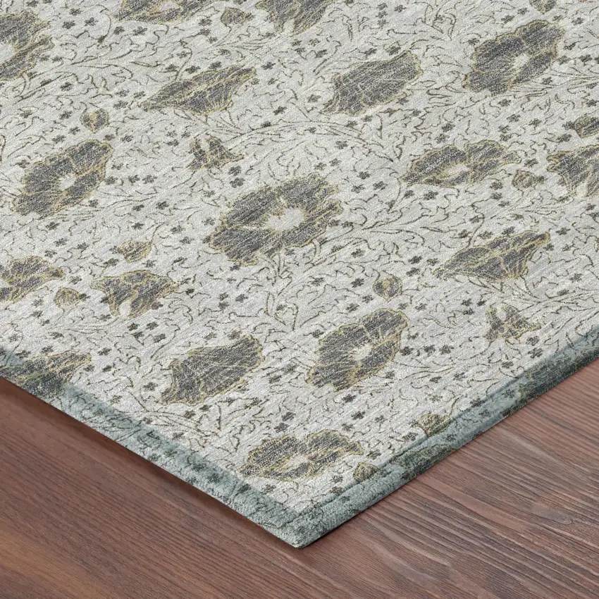 Silver And Gray Floral Washable Indoor Outdoor Area Rug Photo 3
