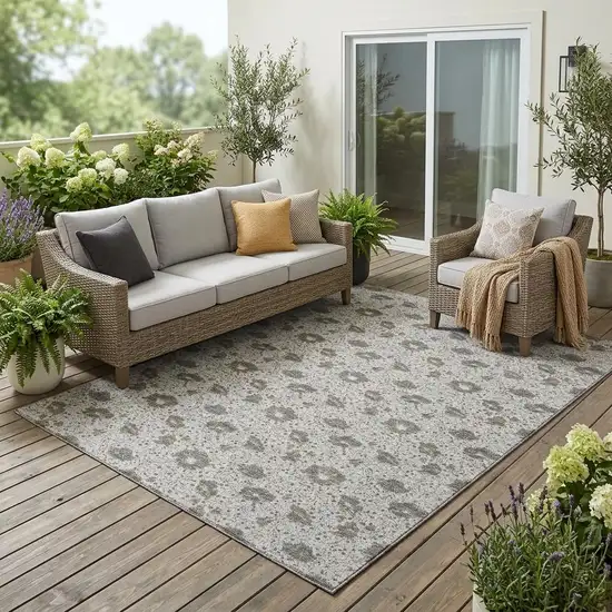 Silver And Gray Floral Washable Indoor Outdoor Area Rug Photo 1