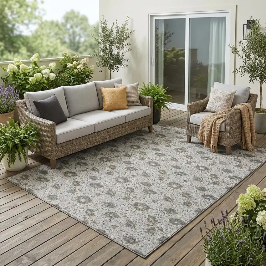 Silver And Gray Floral Washable Indoor Outdoor Area Rug Photo 1