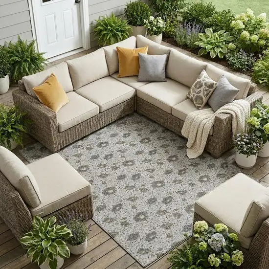 Silver And Gray Floral Washable Indoor Outdoor Area Rug Photo 1
