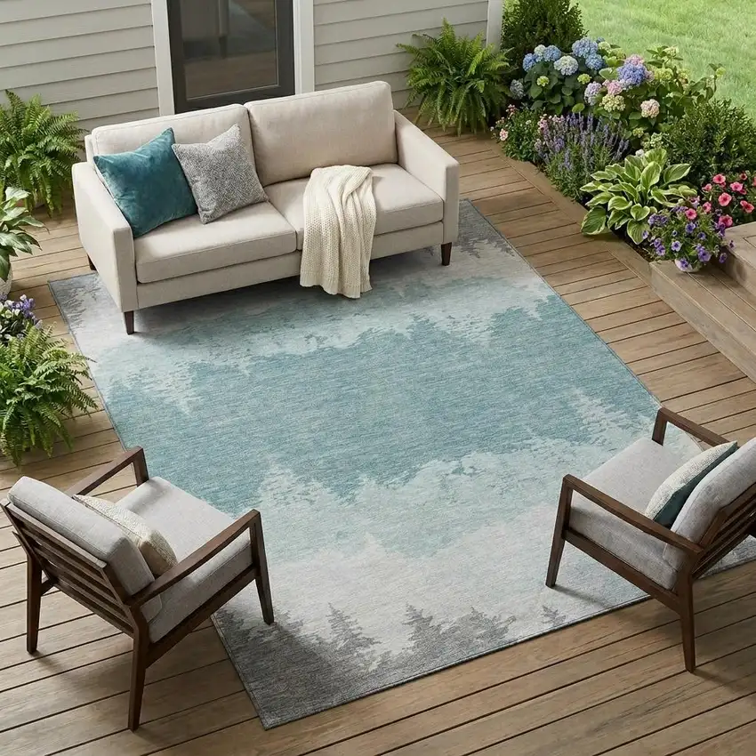 Silver And Gray Floral Washable Indoor Outdoor Area Rug Photo 1