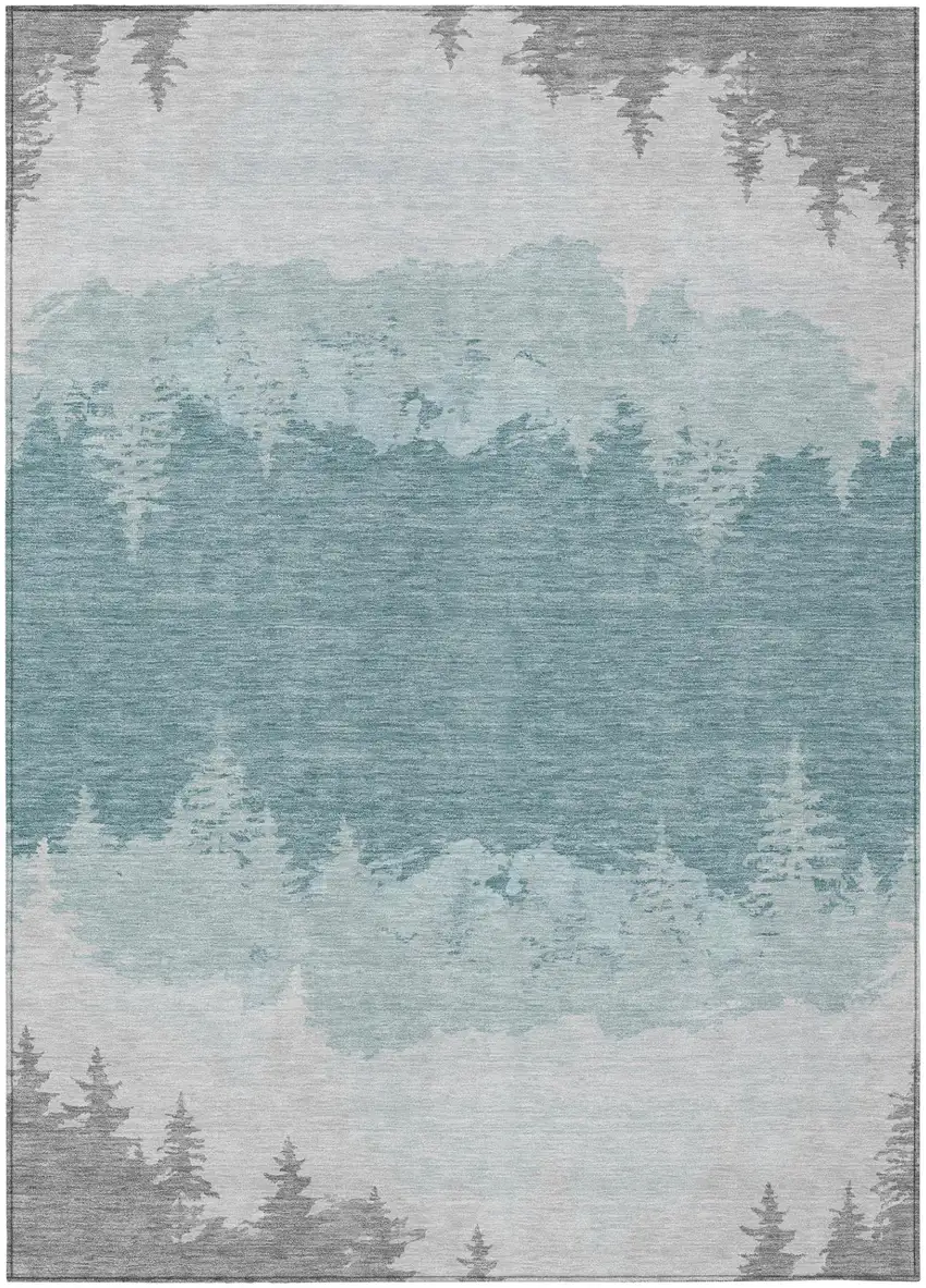 Silver And Gray Floral Washable Indoor Outdoor Area Rug Photo 2