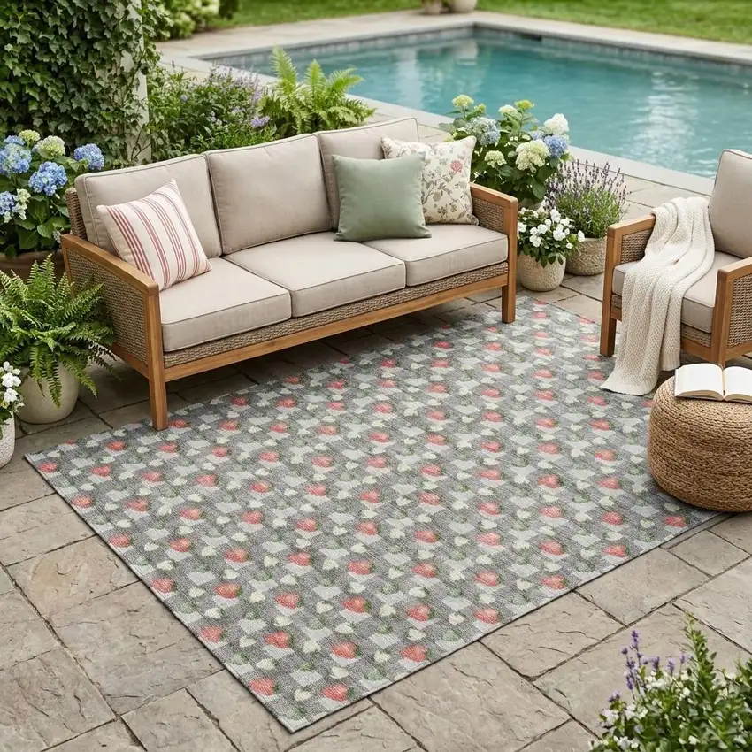 Silver And Gray Floral Washable Indoor Outdoor Area Rug Photo 1