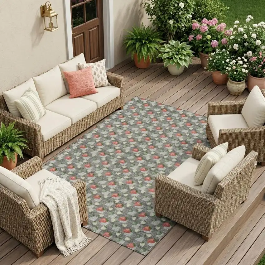 Silver And Gray Floral Washable Indoor Outdoor Area Rug Photo 1