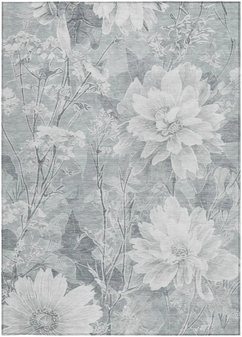 Silver And Gray Floral Washable Indoor Outdoor Area Rug Photo 1