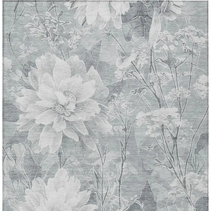 Silver And Gray Floral Washable Indoor Outdoor Area Rug Photo 5