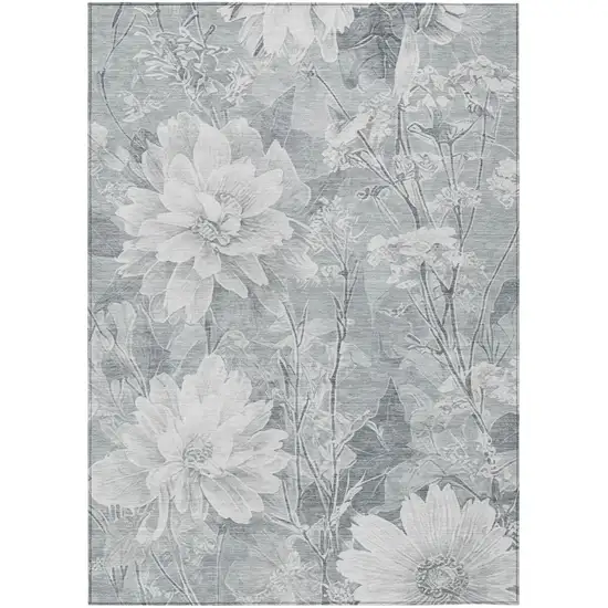 Silver And Gray Floral Washable Indoor Outdoor Area Rug Photo 3