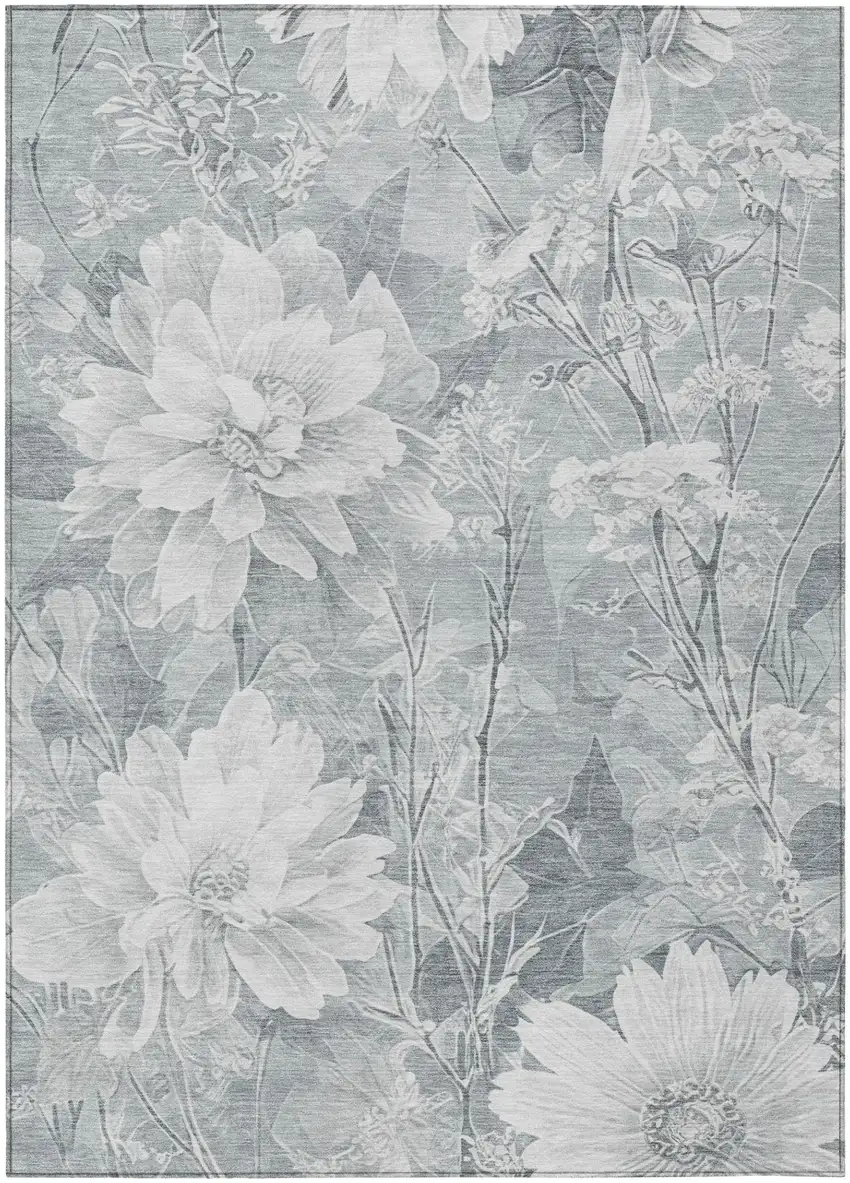 Silver And Gray Floral Washable Indoor Outdoor Area Rug Photo 3