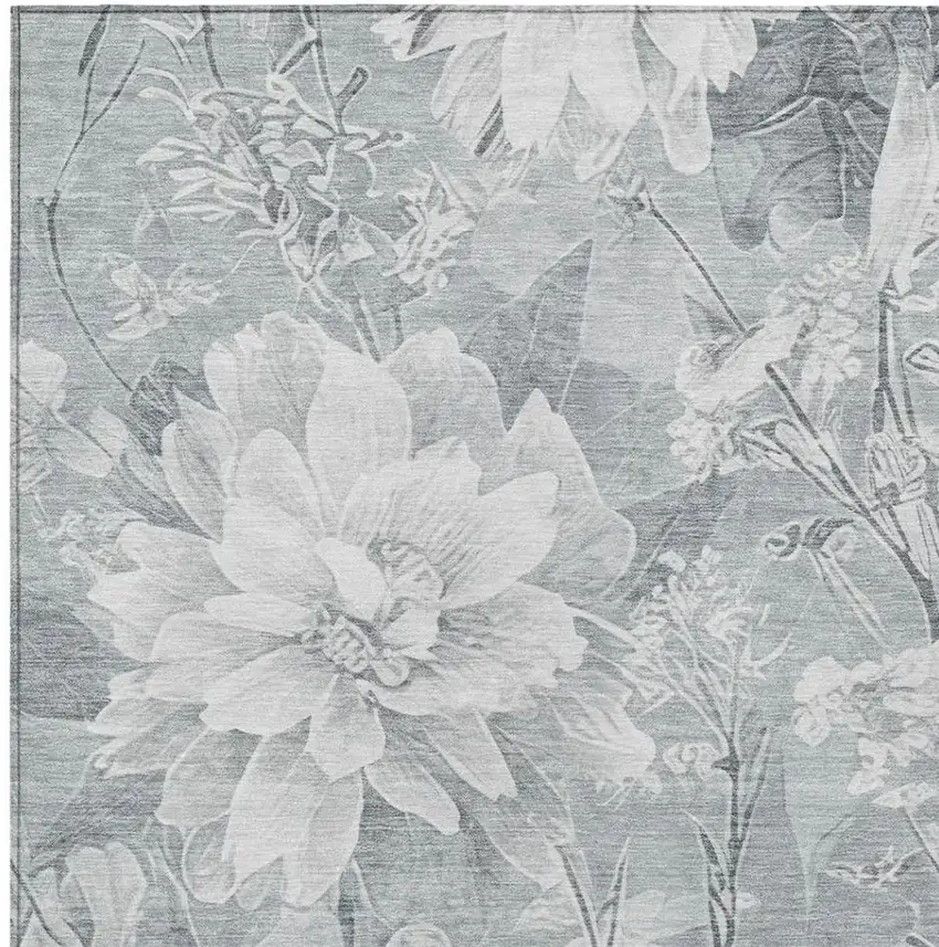 Silver And Gray Floral Washable Indoor Outdoor Area Rug Photo 8