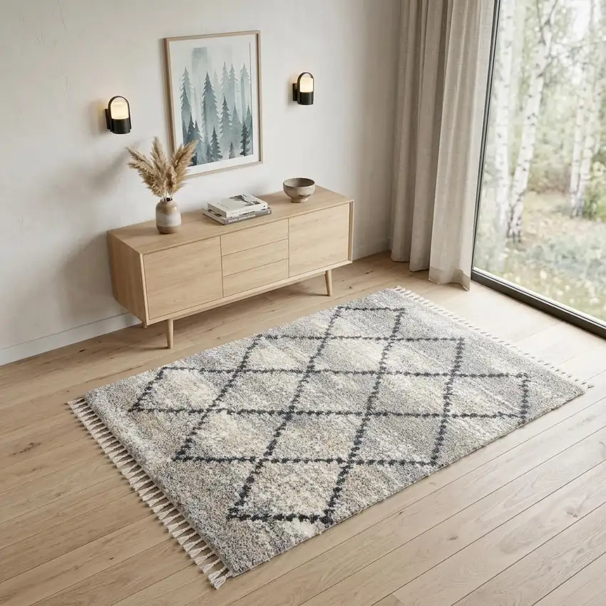 Silver And Gray Geometric Shag Non Skid Area Rug With Fringe Photo 1