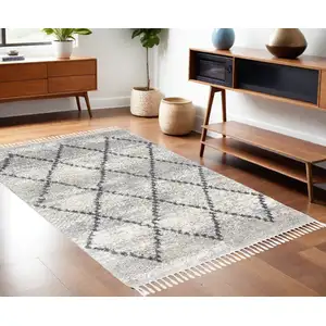Photo of Silver And Gray Geometric Shag Non Skid Area Rug With Fringe