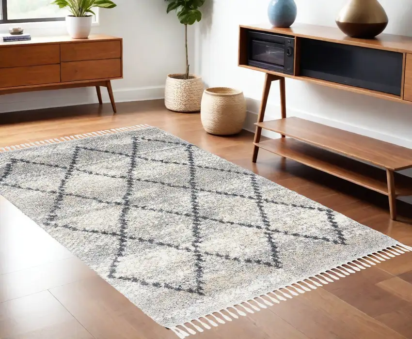 Silver And Gray Geometric Shag Non Skid Area Rug With Fringe Photo 1