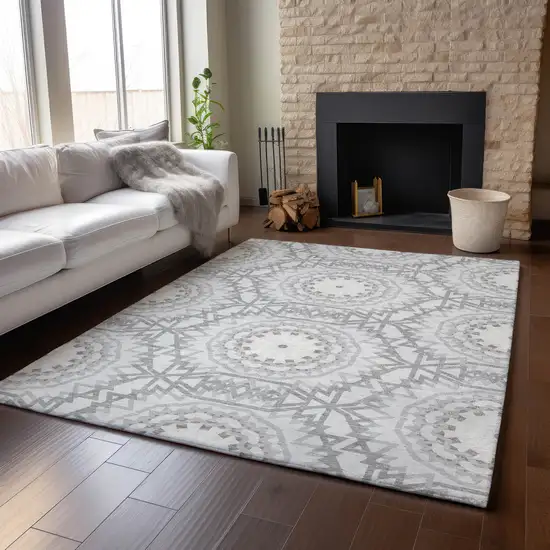 Silver And Gray Geometric Washable Area Rug With UV Protection Photo 4