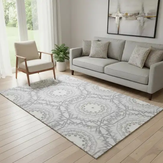 Silver And Gray Geometric Washable Area Rug With UV Protection Photo 1