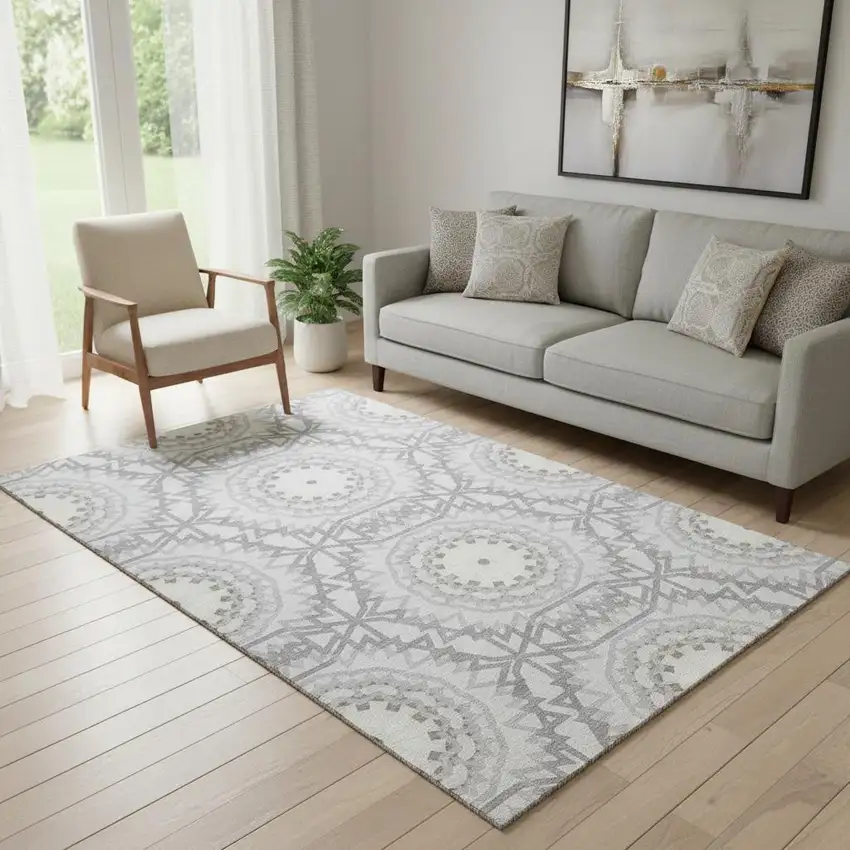 Silver And Gray Geometric Washable Area Rug With UV Protection Photo 1
