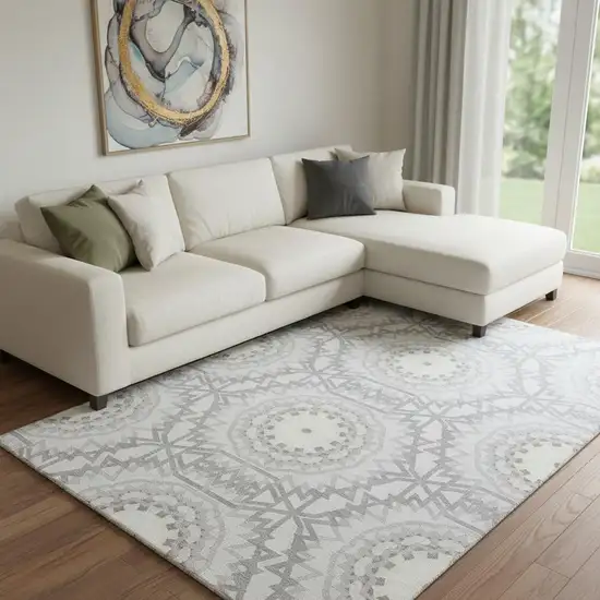 Silver And Gray Geometric Washable Area Rug With UV Protection Photo 1