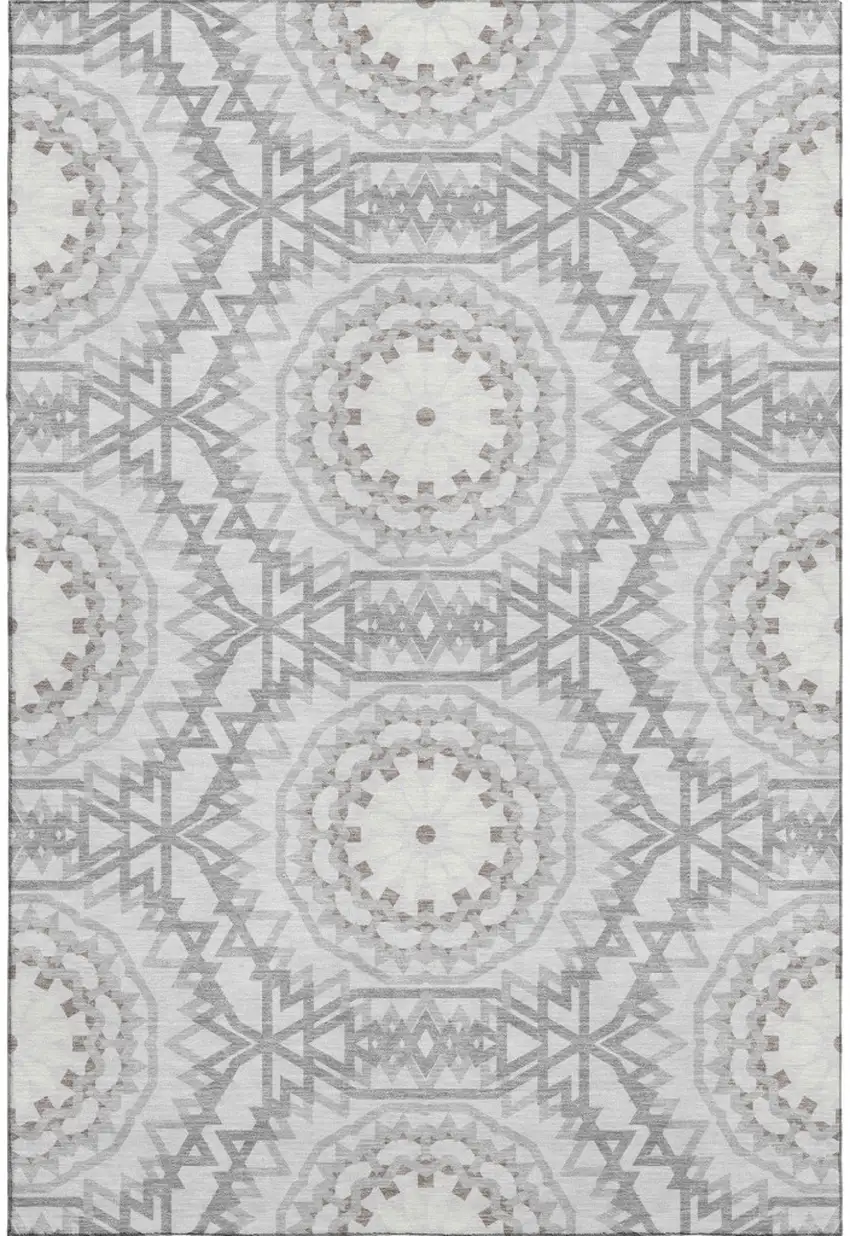 Silver And Gray Geometric Washable Area Rug With UV Protection Photo 1