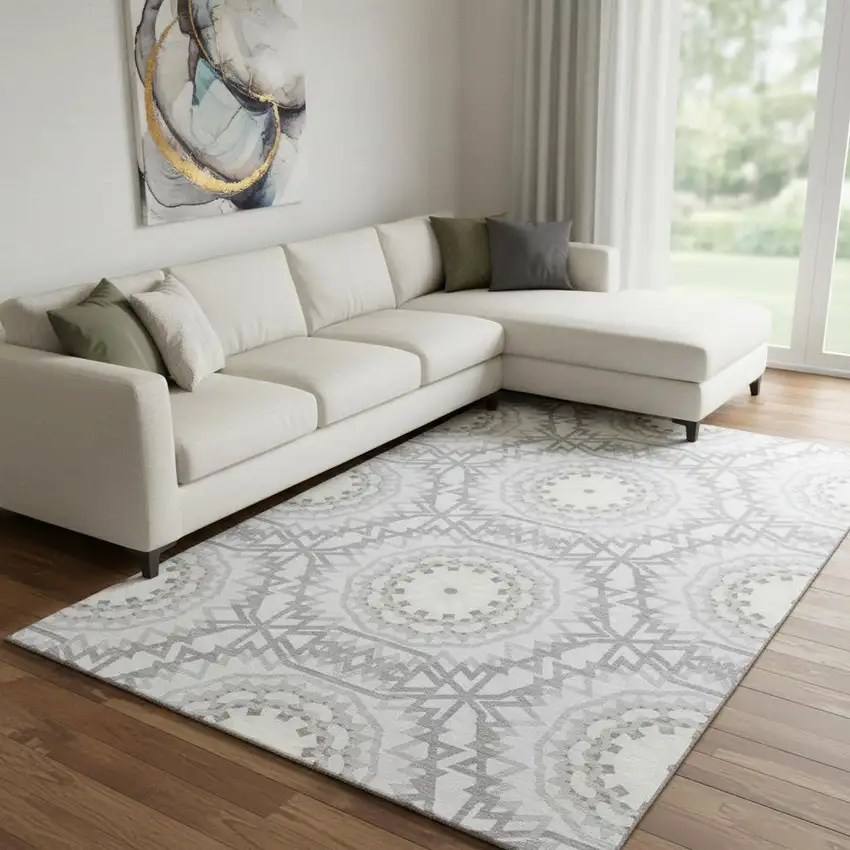 Silver And Gray Geometric Washable Area Rug With UV Protection Photo 1