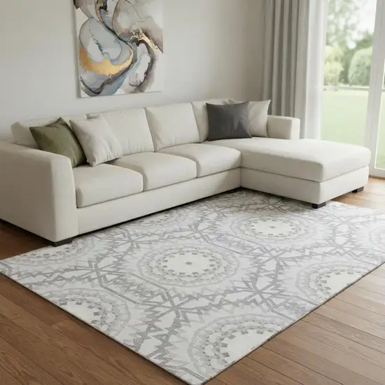 Silver And Gray Geometric Washable Area Rug With UV Protection Photo 1