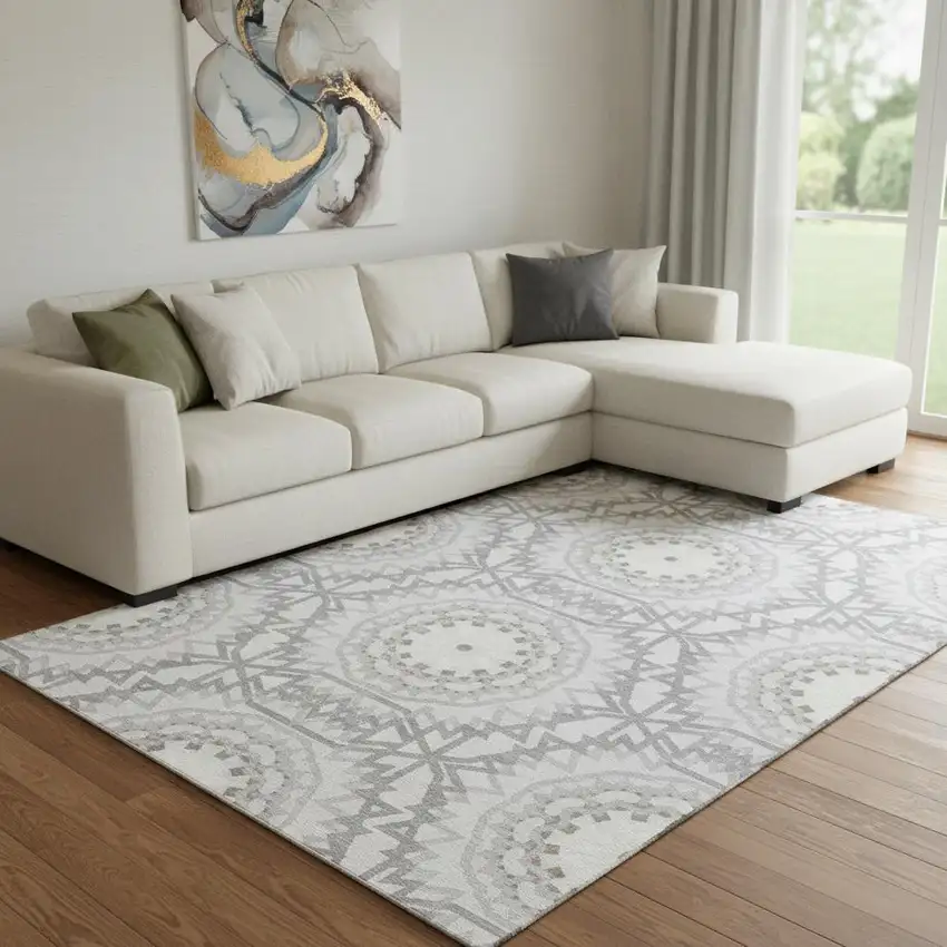 Silver And Gray Geometric Washable Area Rug With UV Protection Photo 1