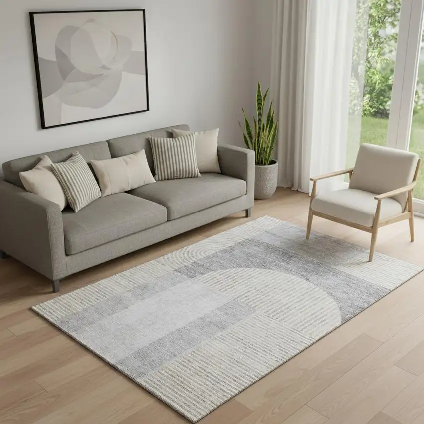 Silver And Gray Geometric Washable Area Rug With UV Protection Photo 1