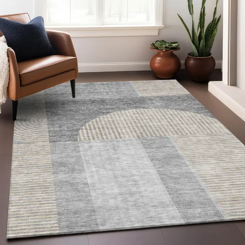 Silver And Gray Geometric Washable Area Rug With UV Protection Photo 3