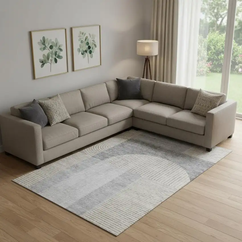 Silver And Gray Geometric Washable Area Rug With UV Protection Photo 1