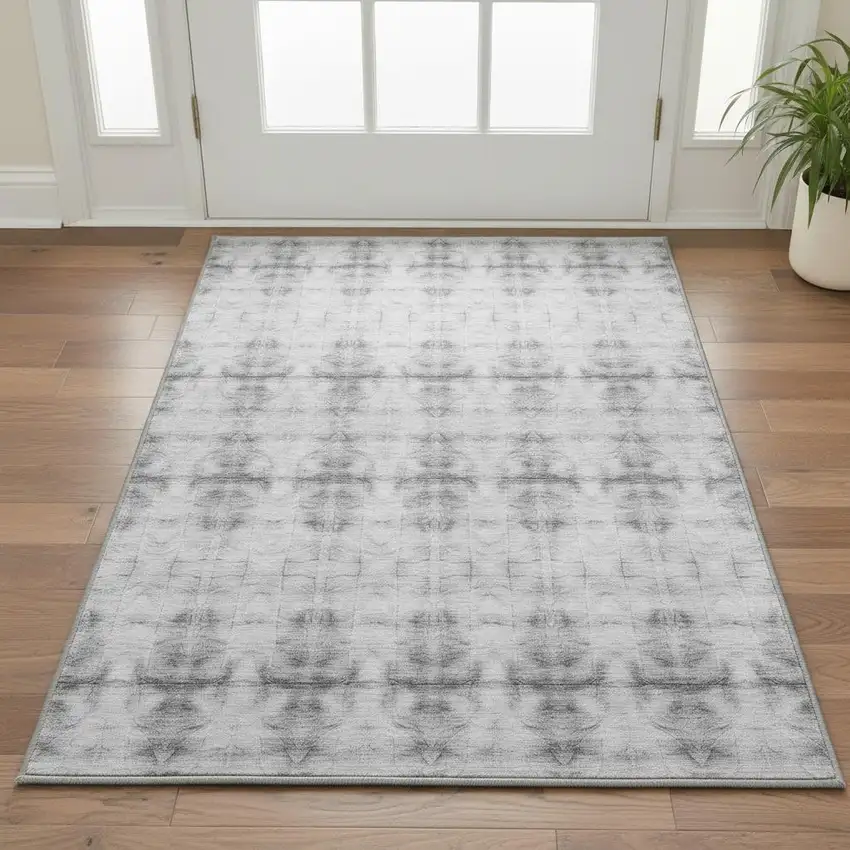Silver And Gray Geometric Washable Area Rug With UV Protection Photo 2