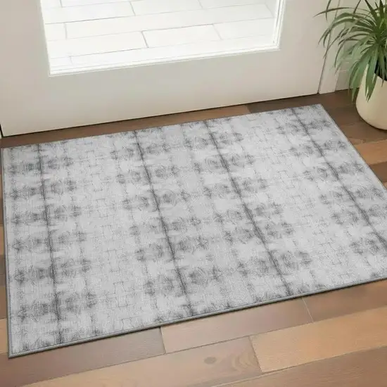 Silver And Gray Geometric Washable Area Rug With UV Protection Photo 1