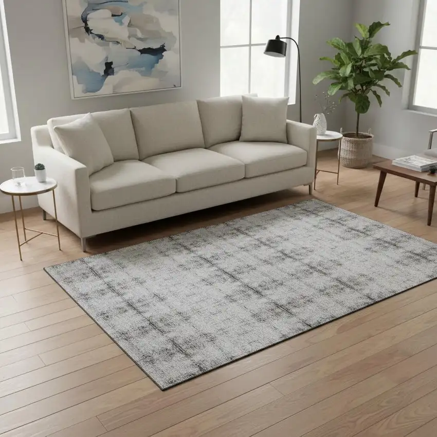 Silver And Gray Geometric Washable Area Rug With UV Protection Photo 2