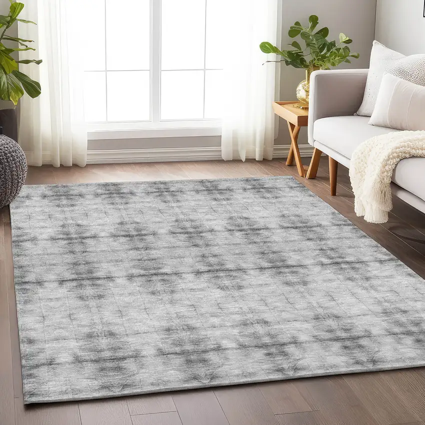 Silver And Gray Geometric Washable Area Rug With UV Protection Photo 6