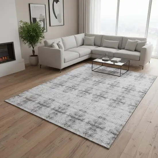 Silver And Gray Geometric Washable Area Rug With UV Protection Photo 2