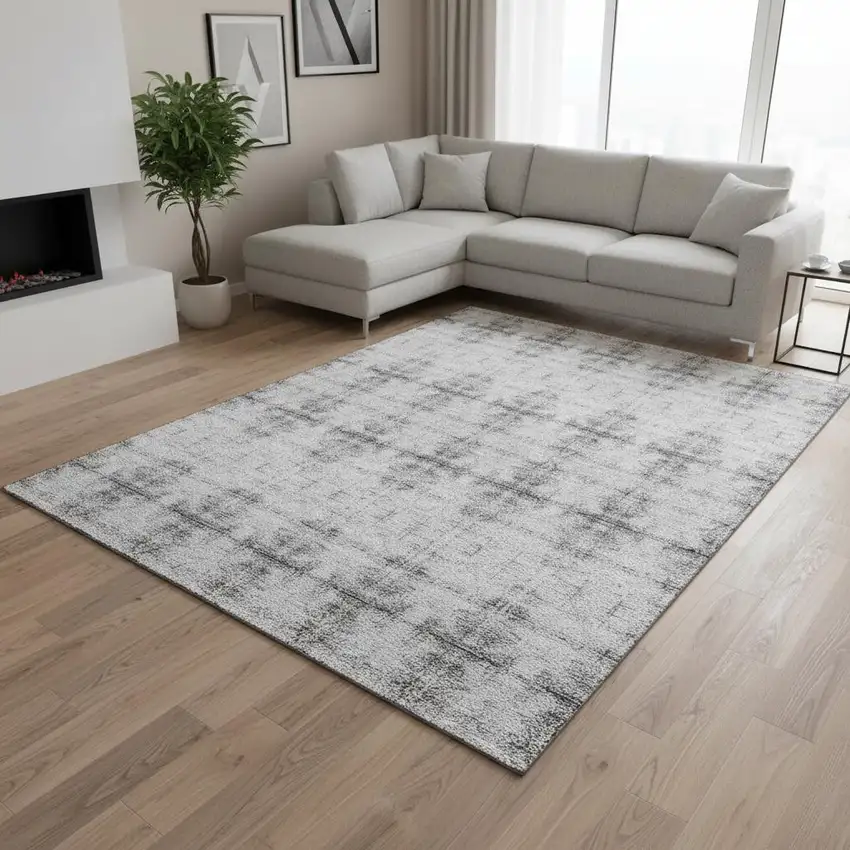 Silver And Gray Geometric Washable Area Rug With UV Protection Photo 2