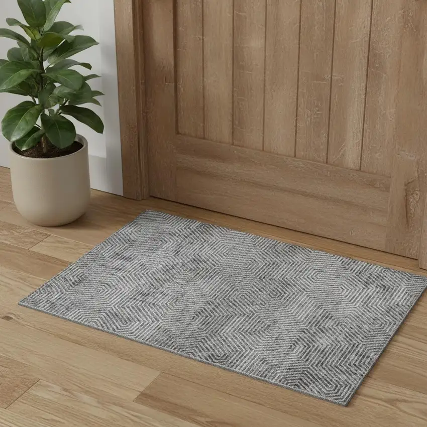 Silver And Gray Geometric Washable Area Rug With UV Protection Photo 1