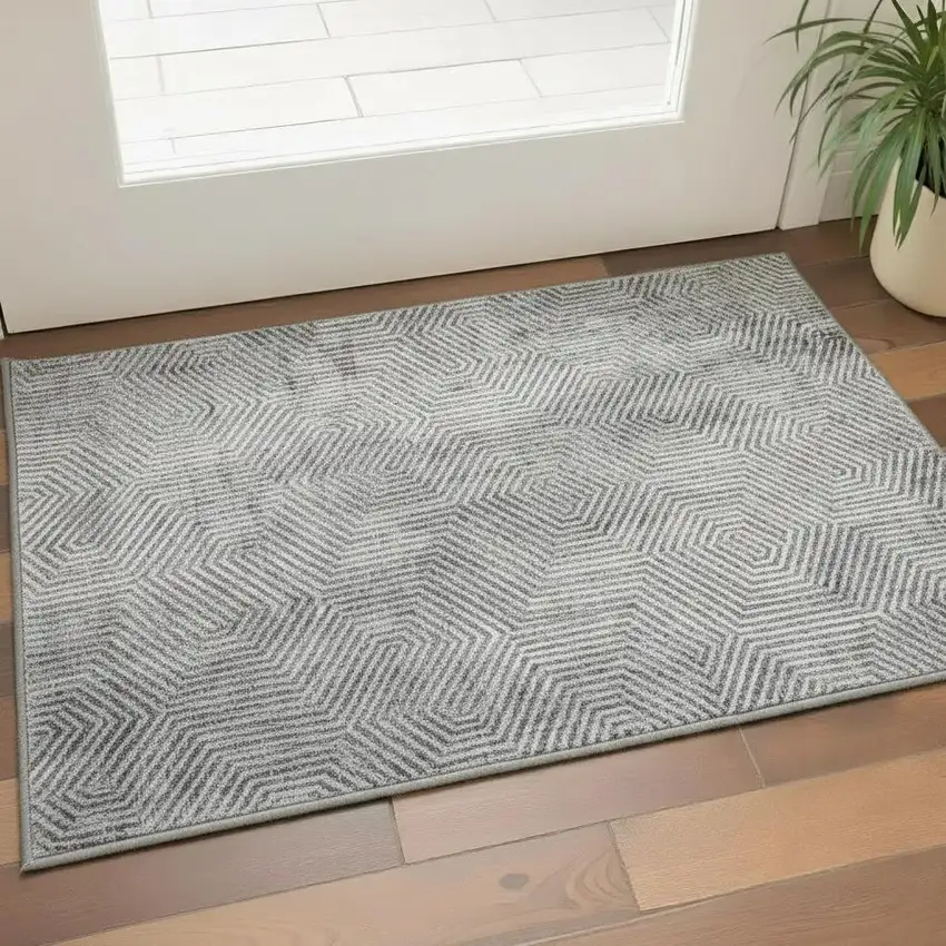 Silver And Gray Geometric Washable Area Rug With UV Protection Photo 2