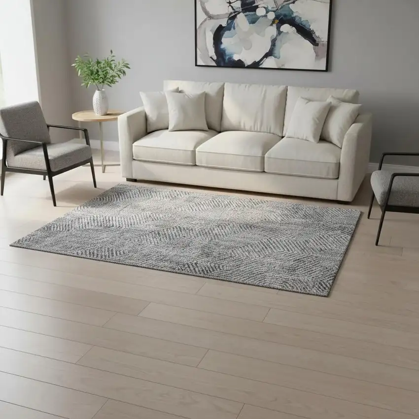 Silver And Gray Geometric Washable Area Rug With UV Protection Photo 2