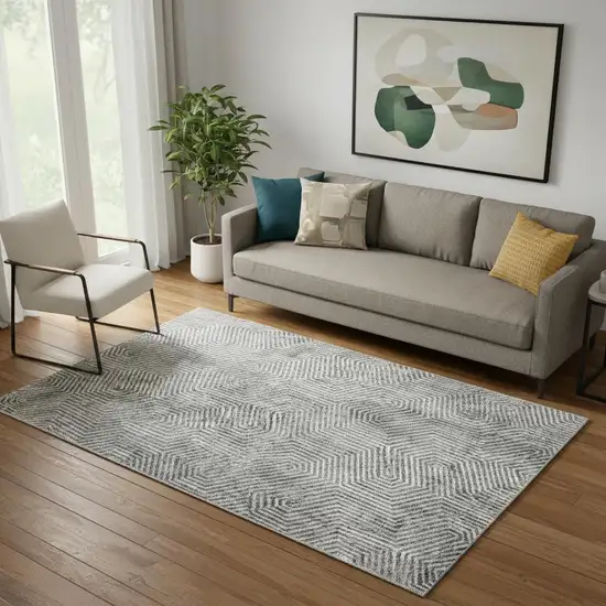 Silver And Gray Geometric Washable Area Rug With UV Protection Photo 1
