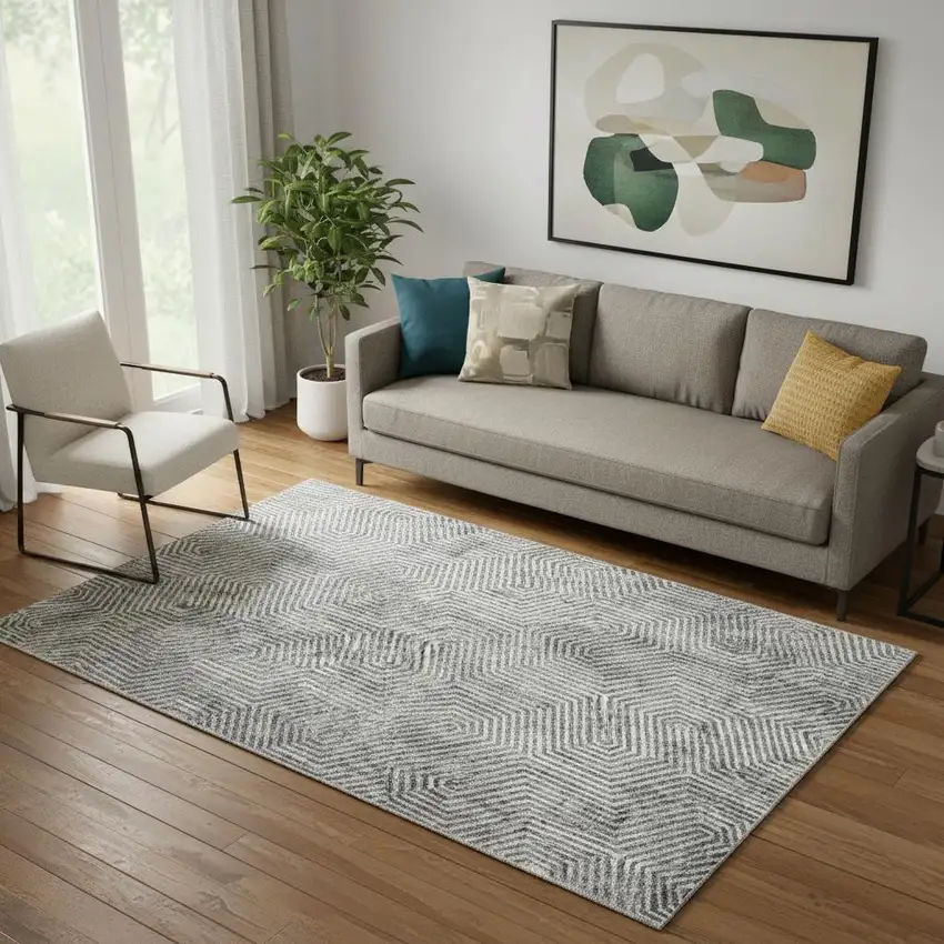 Silver And Gray Geometric Washable Area Rug With UV Protection Photo 1