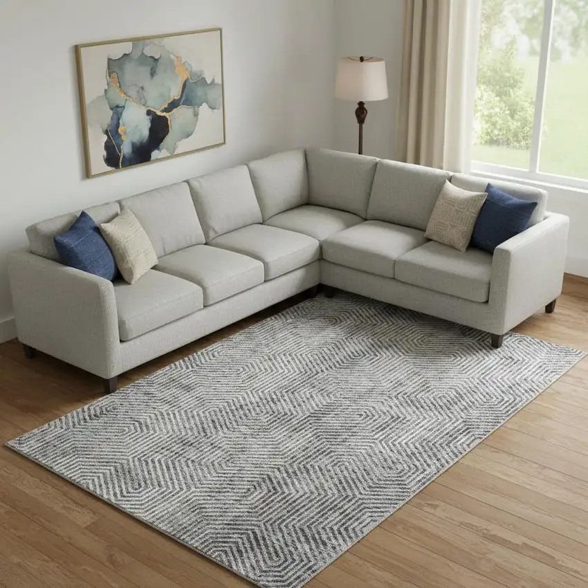 Silver And Gray Geometric Washable Area Rug With UV Protection Photo 1