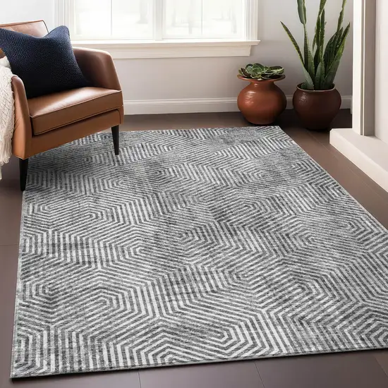 Silver And Gray Geometric Washable Area Rug With UV Protection Photo 5